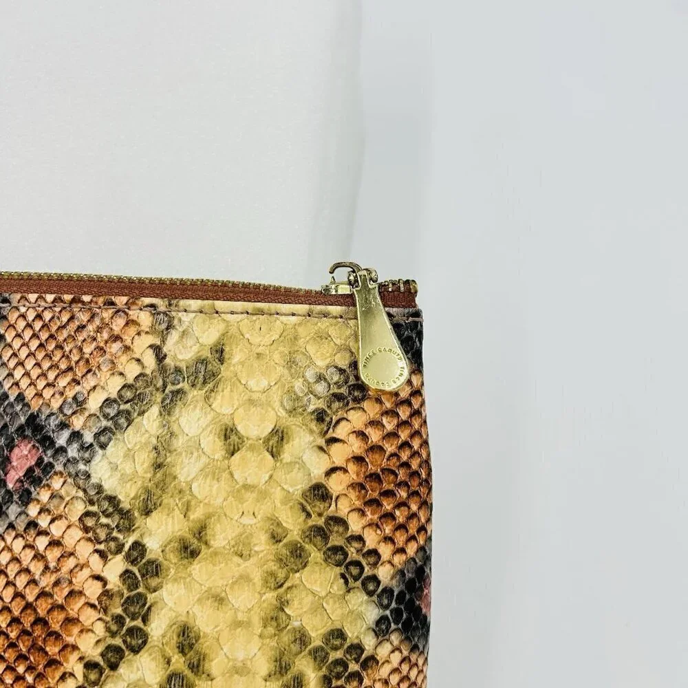Vince Camuto Cosmetic Bag Snakeskin Pattern Zipper Pouch Gold Trim